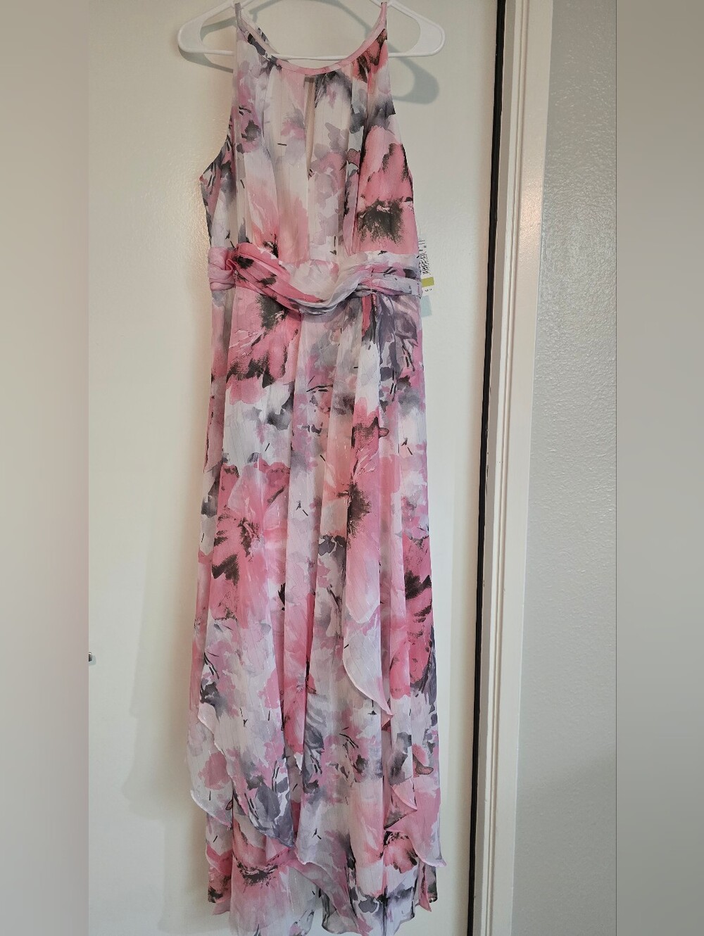 R&M Richards Pink and Gray Floral Chiffon Maxi Dress with Waist Tie